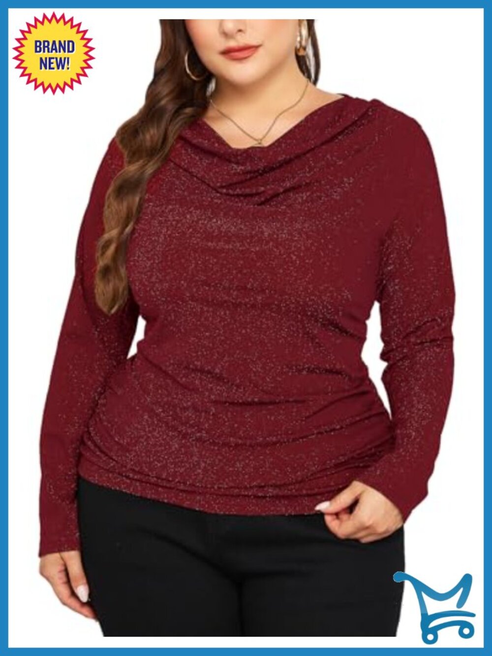 Plus Size Sparkly Cowl Neck Top - Ruched Glitter Blouse
